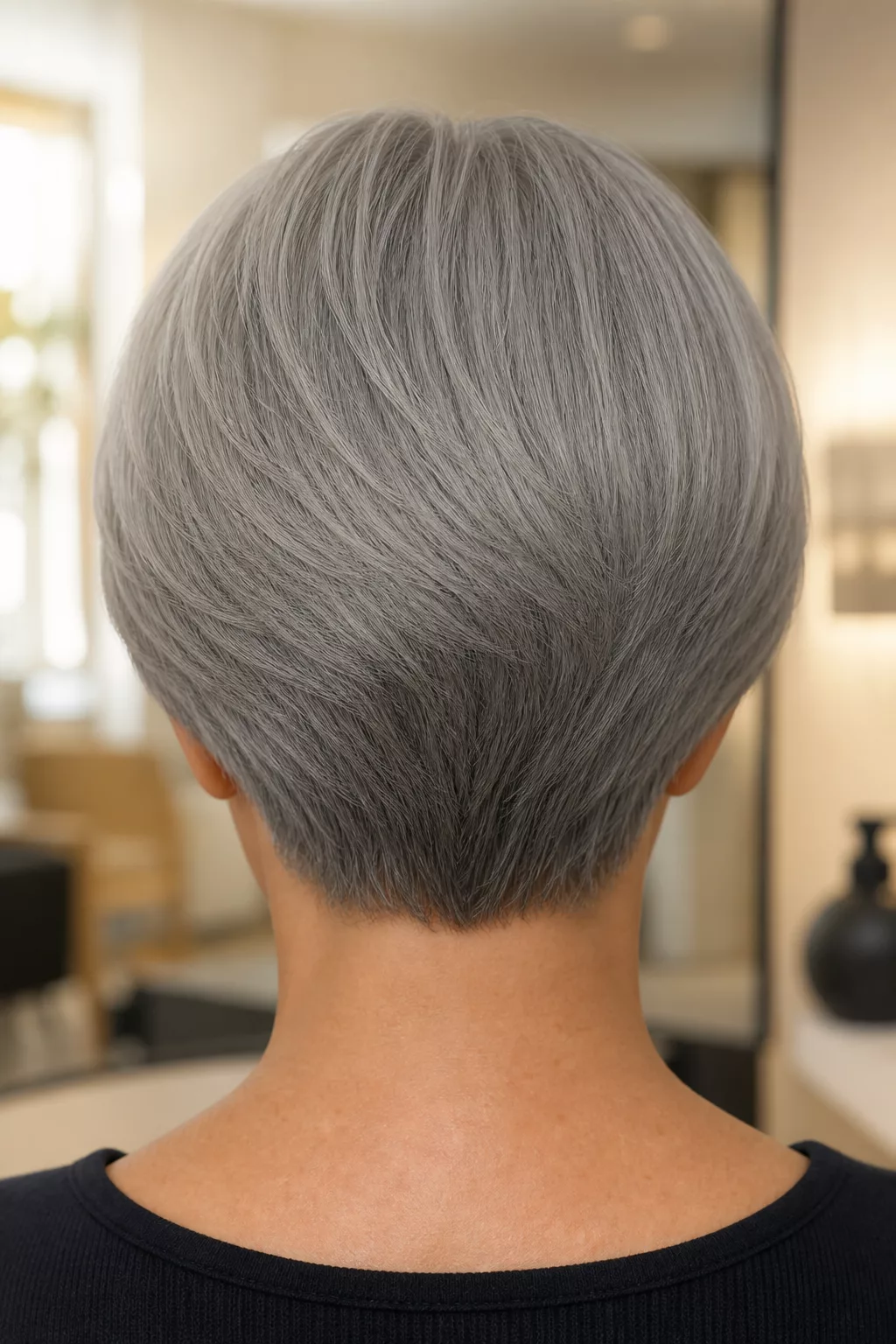 Gestufter Stacked Bob in grauem Haar von hinten