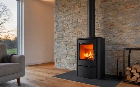 Moderne Steinwand mit Riemchen hinter schwarzem Kaminofen im Wohnzimmer