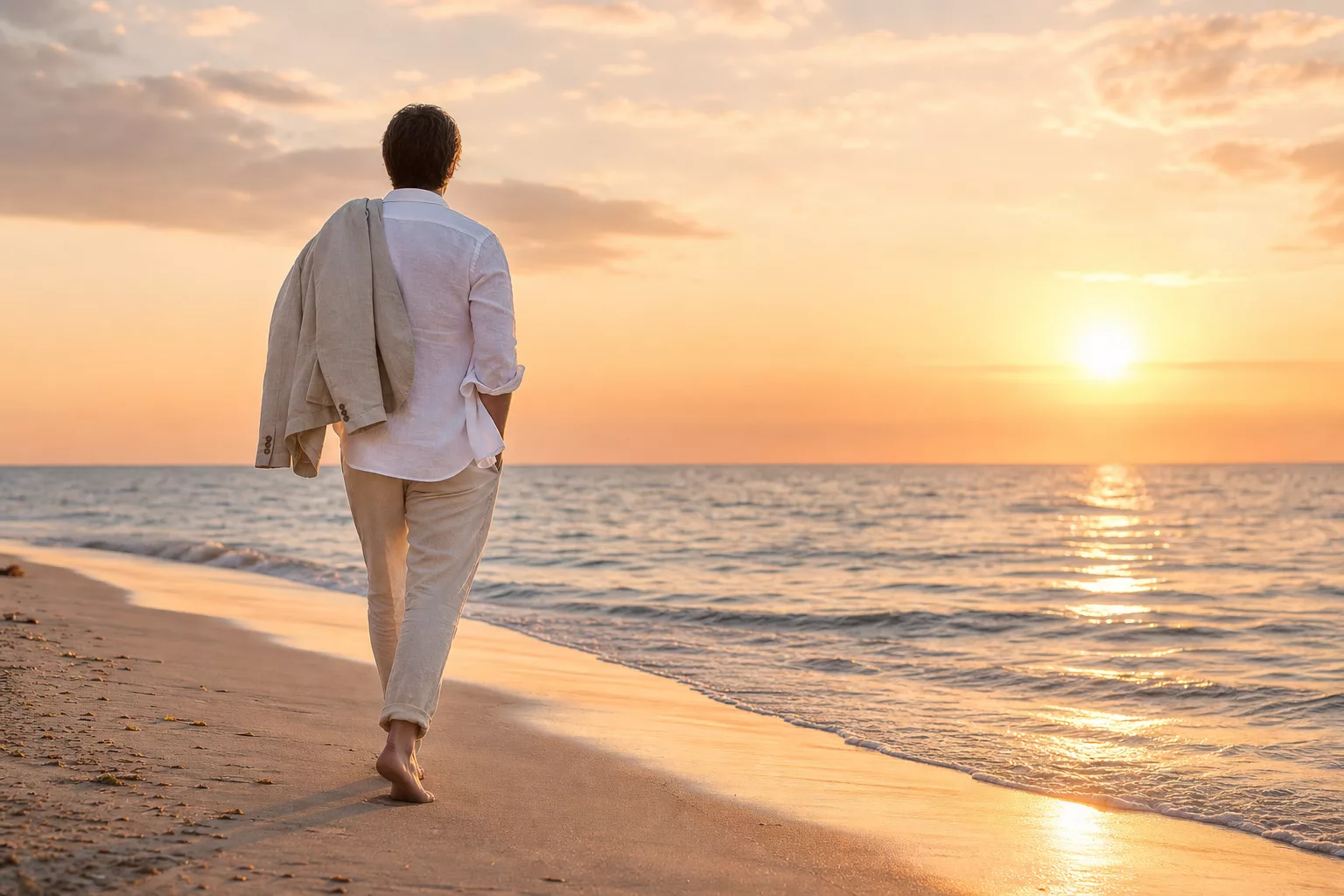 Legeres Hochzeitsoutfit für Herren am Strand bei Sonnenuntergang