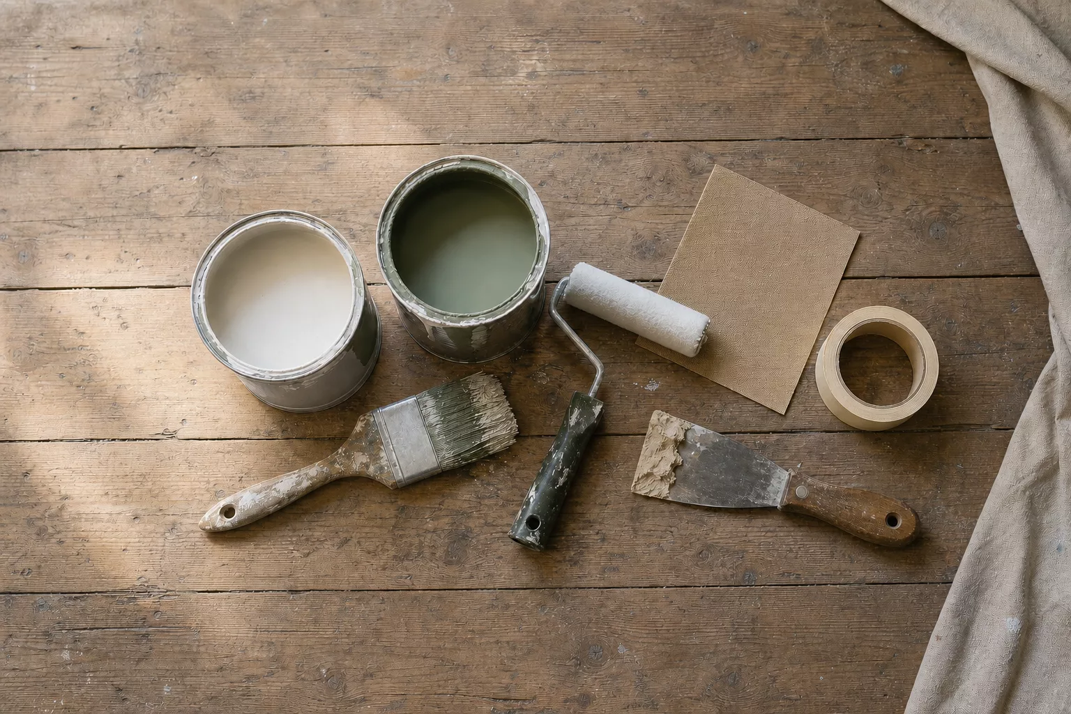Pinsel, Farbdosen und Schleifpapier zum Türen streichen