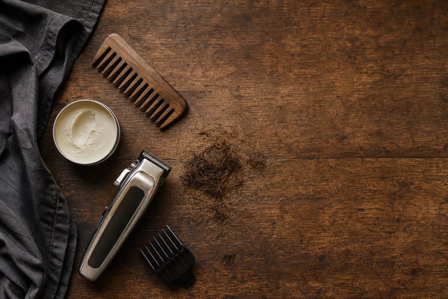 Flatlay mit Kamm, Pomade und Clippern für Jungsfrisuren