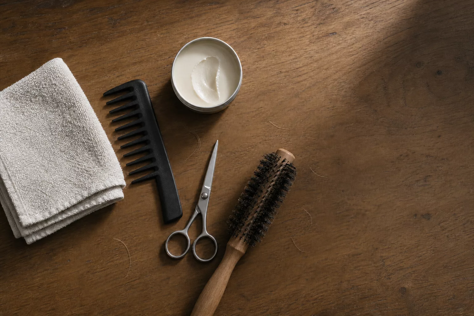 Flatlay mit Kamm, Schere und Haarwachs für Kinderfrisuren