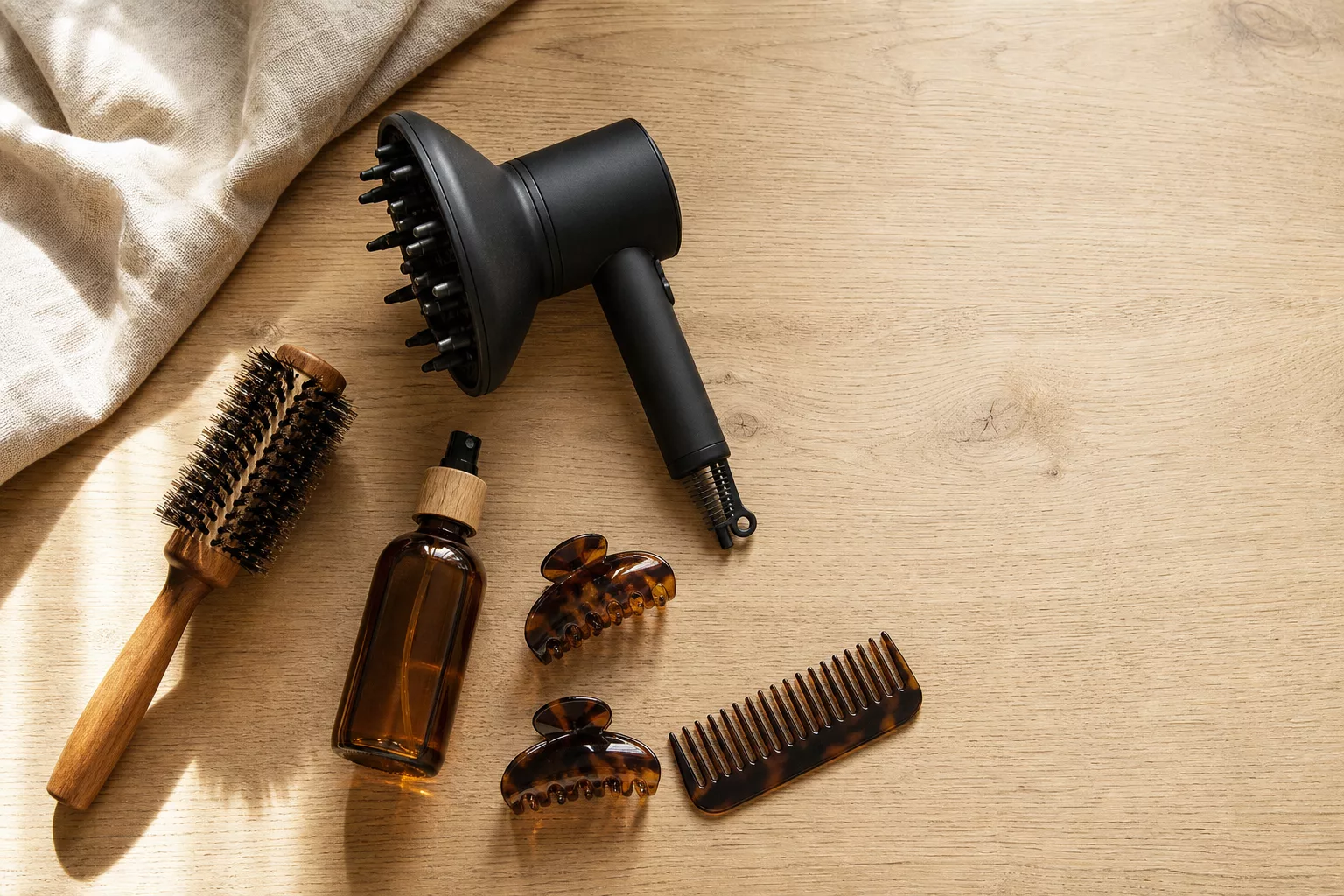 Styling-Werkzeuge für texturierte Kurzhaarfrisuren auf Holztisch