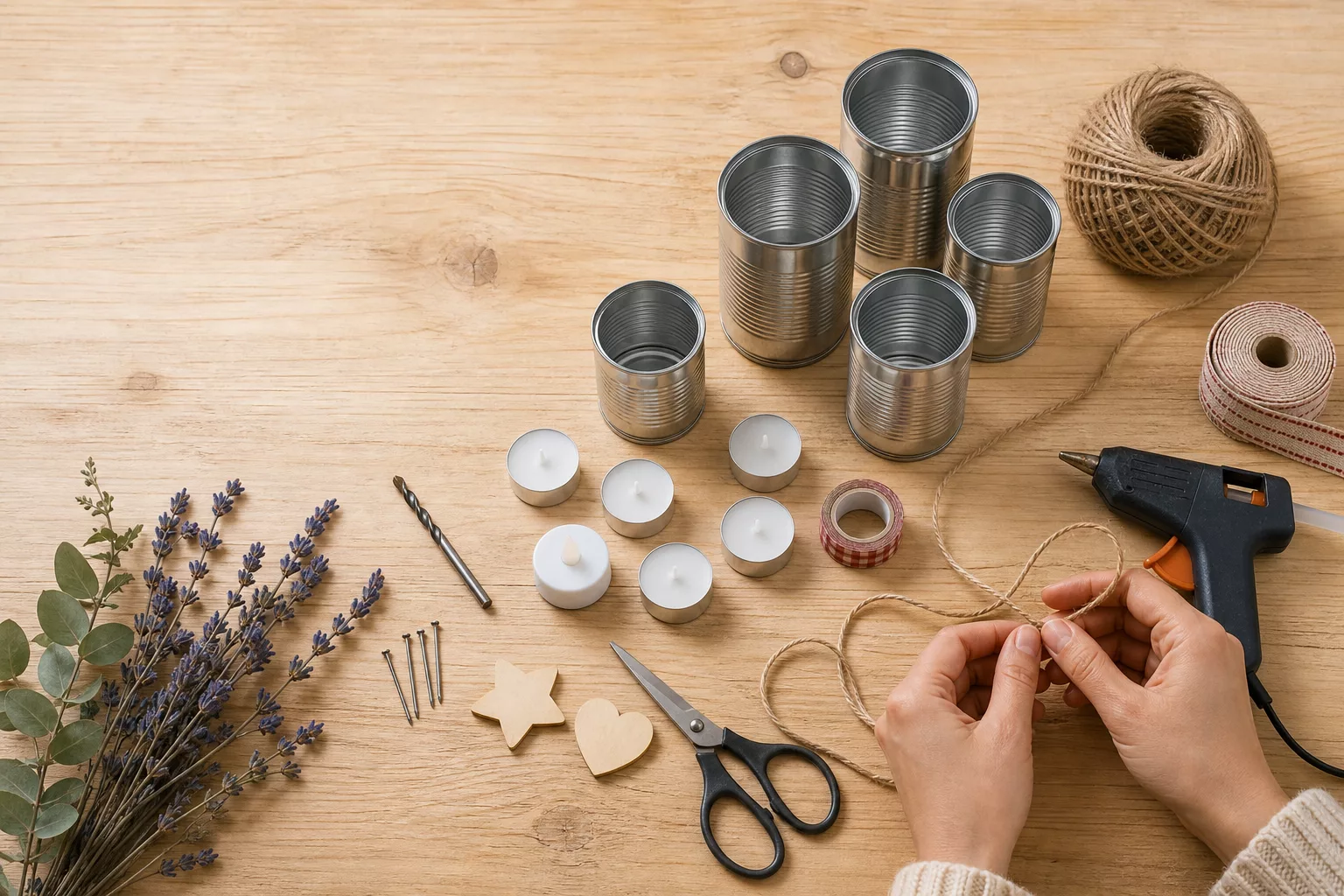 Materialien für Teelichthalter aus Dosen von oben fotografiert