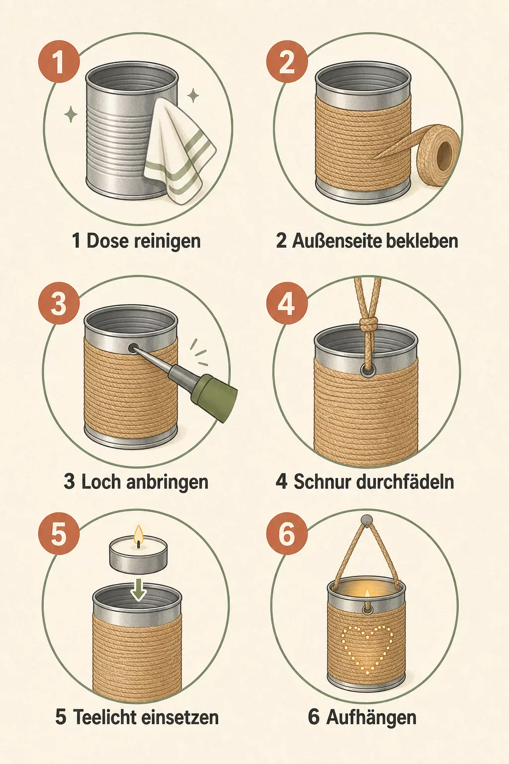 Grafik mit sechs Schritten zum Teelichthalter aus einer Dose