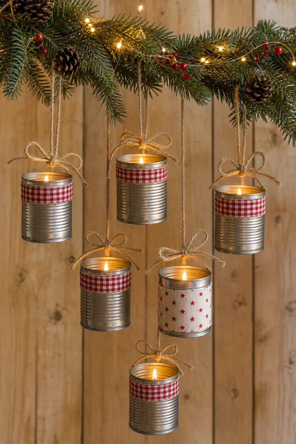 Weihnachtliche Teelichthalter aus Dosen mit Karo-Band und Tannenzweigen