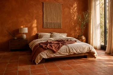 Ockerfarbene Wandtöne unterstreichen die warme Ausstrahlung von Terracotta-Böden