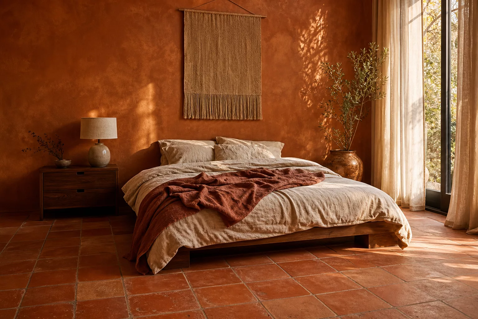Ockerfarbene Wandtöne unterstreichen die warme Ausstrahlung von Terracotta-Böden