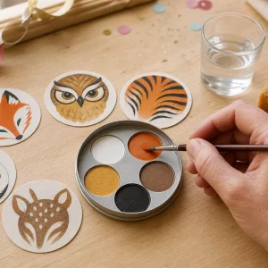 Tiere schminken Kinder: bunte Schminkpalette mit Pinseln für Fuchs, Eule und Tiger