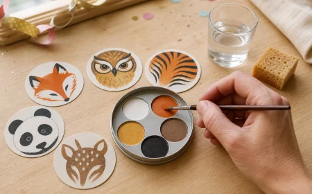 Tiere schminken Kinder: bunte Schminkpalette mit Pinseln für Fuchs, Eule und Tiger