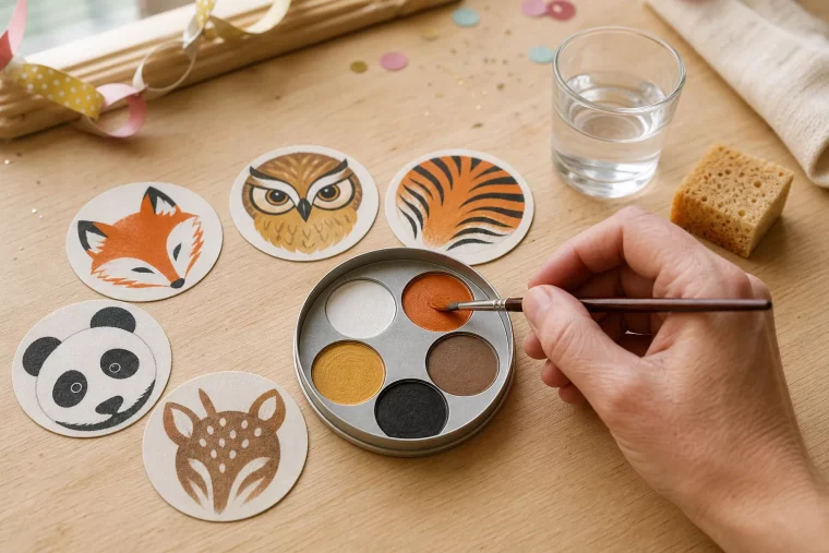 Tiere schminken Kinder: bunte Schminkpalette mit Pinseln für Fuchs, Eule und Tiger