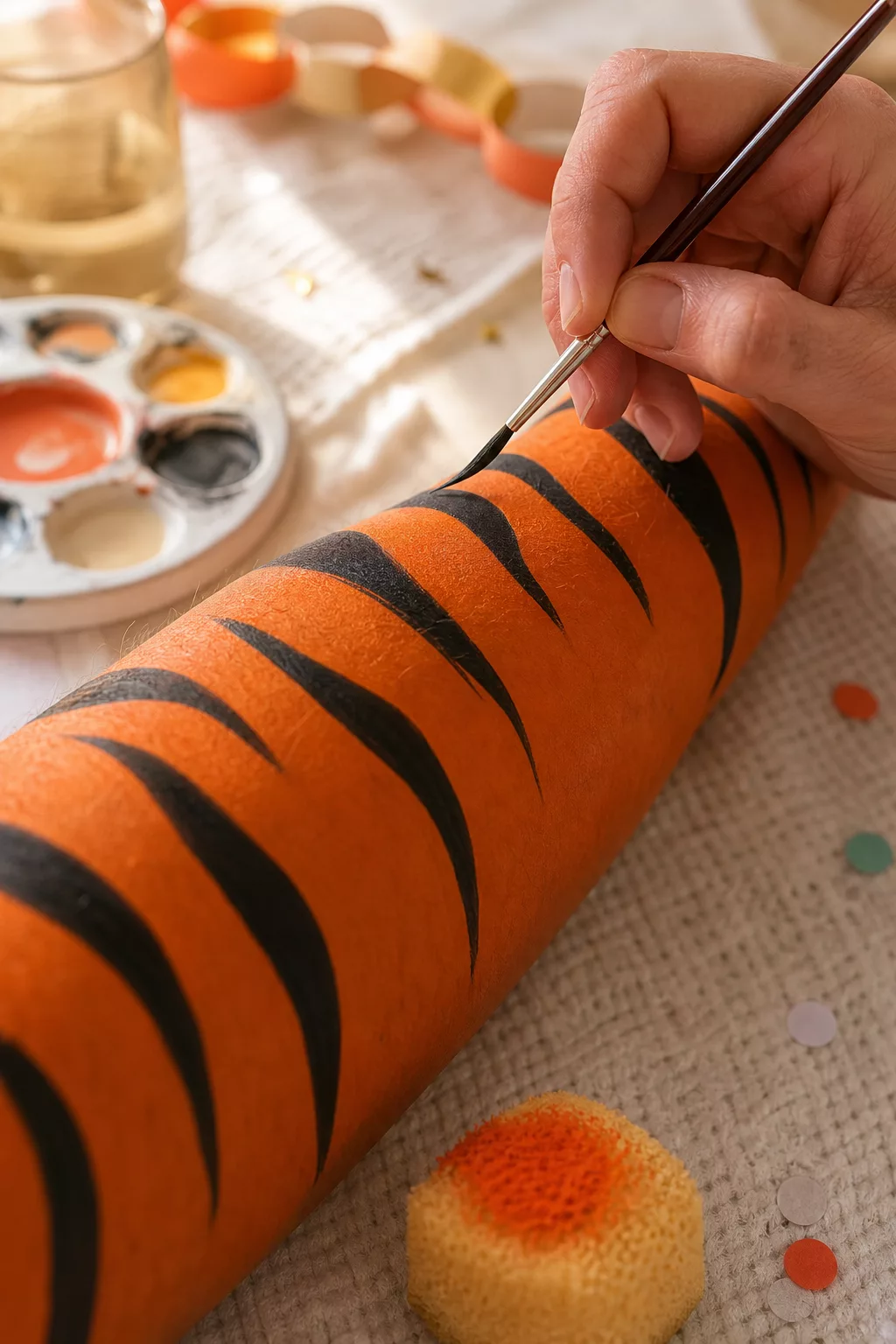 Tigerstreifen werden mit feinem Pinsel auf orange geschminkten Unterarm gemalt
