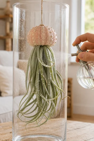 Tillandsie in der Vase wird mit einer Sprühflasche befeuchtet