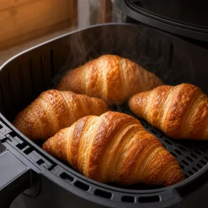 Goldbraune TK-Croissants im Airfryer-Korb, dampfend heiß