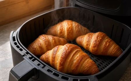 Goldbraune TK-Croissants im Airfryer-Korb, dampfend heiß