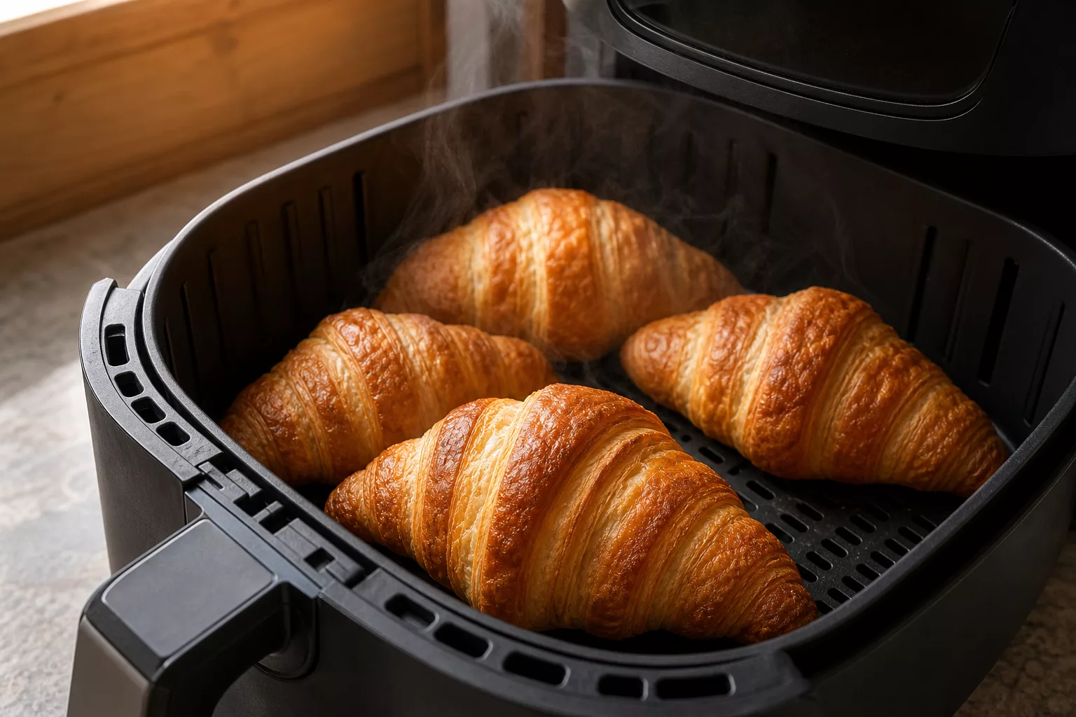 Goldbraune TK-Croissants im Airfryer-Korb, dampfend heiß