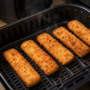 Panierte TK-Fischstäbchen im Korb der Heißluftfritteuse