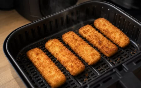 Panierte TK-Fischstäbchen im Korb der Heißluftfritteuse