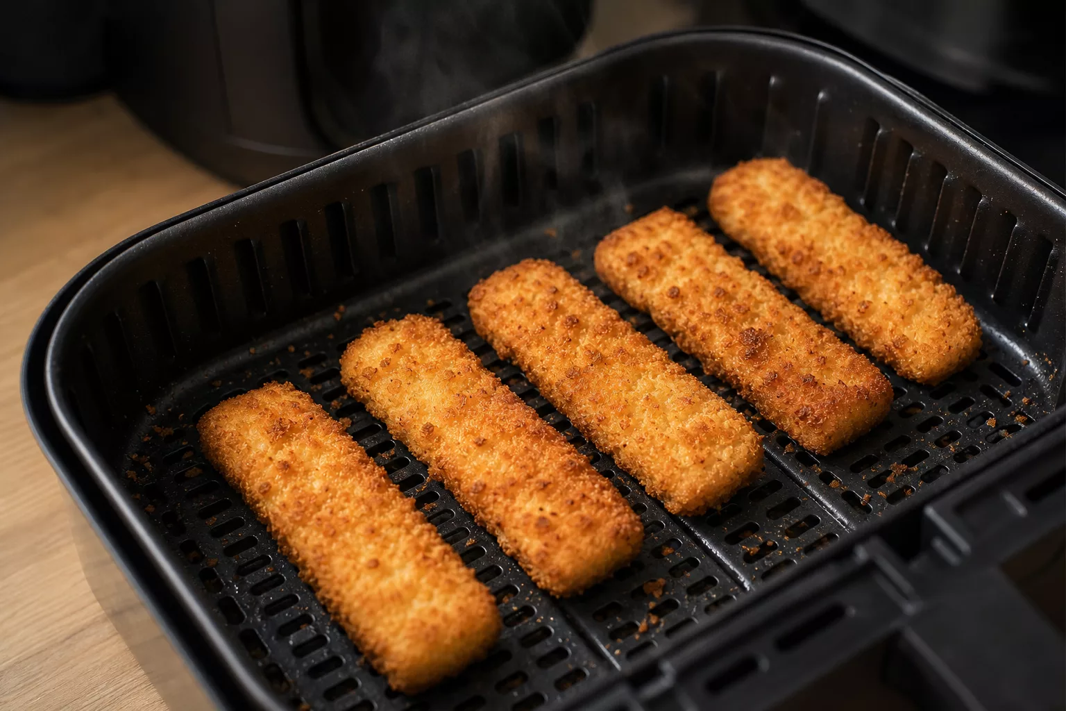 Panierte TK-Fischstäbchen im Korb der Heißluftfritteuse