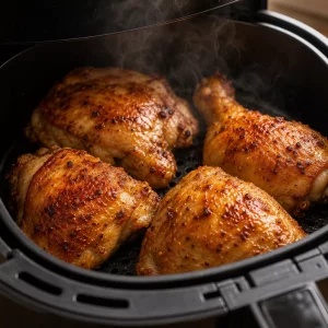 Knusprige TK-Hähnchenschenkel im Airfryer, goldbraun und dampfend heiß