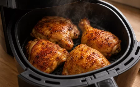 Knusprige TK-Hähnchenschenkel im Airfryer, goldbraun und dampfend heiß