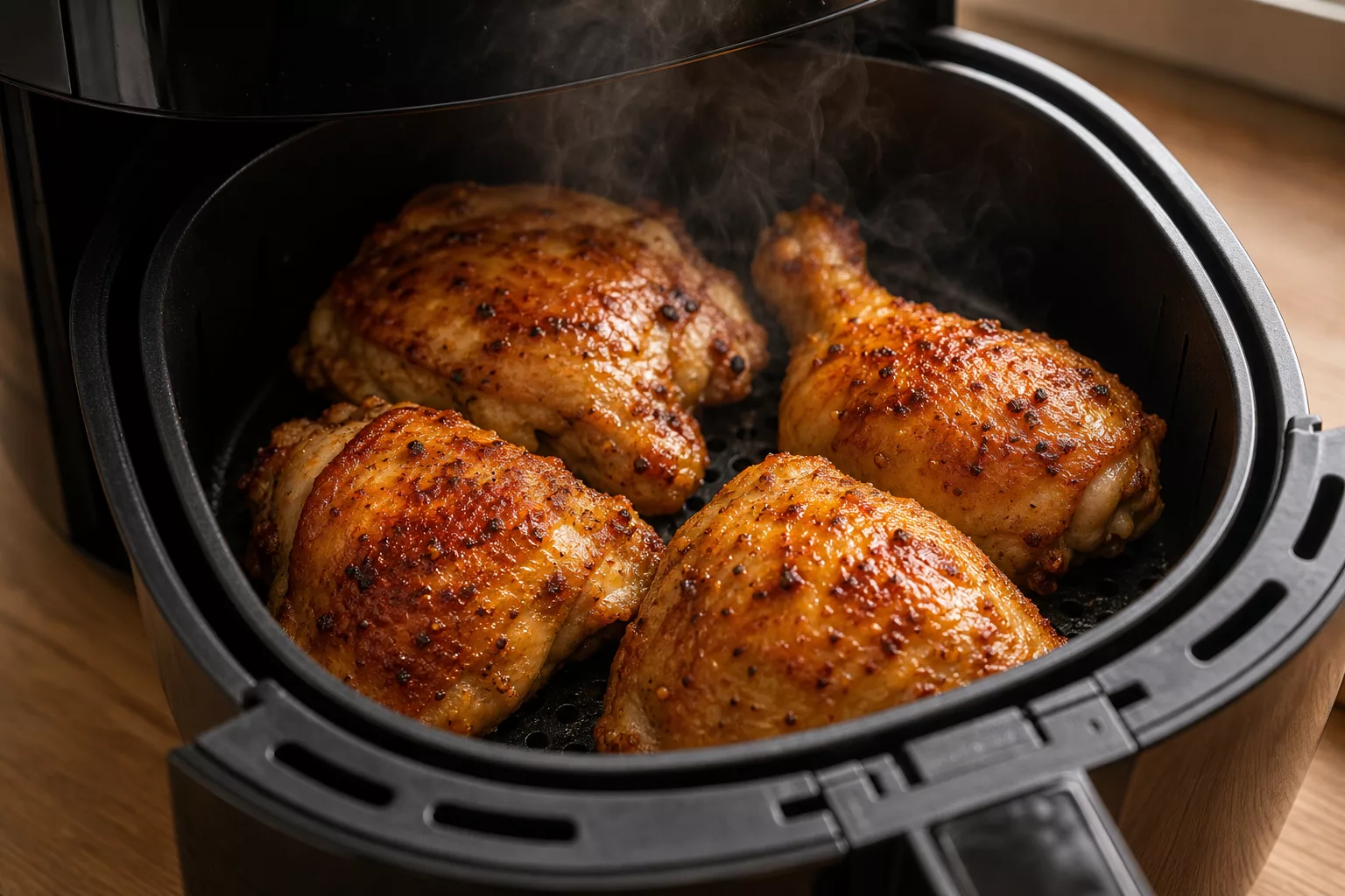 Knusprige TK-Hähnchenschenkel im Airfryer, goldbraun und dampfend heiß
