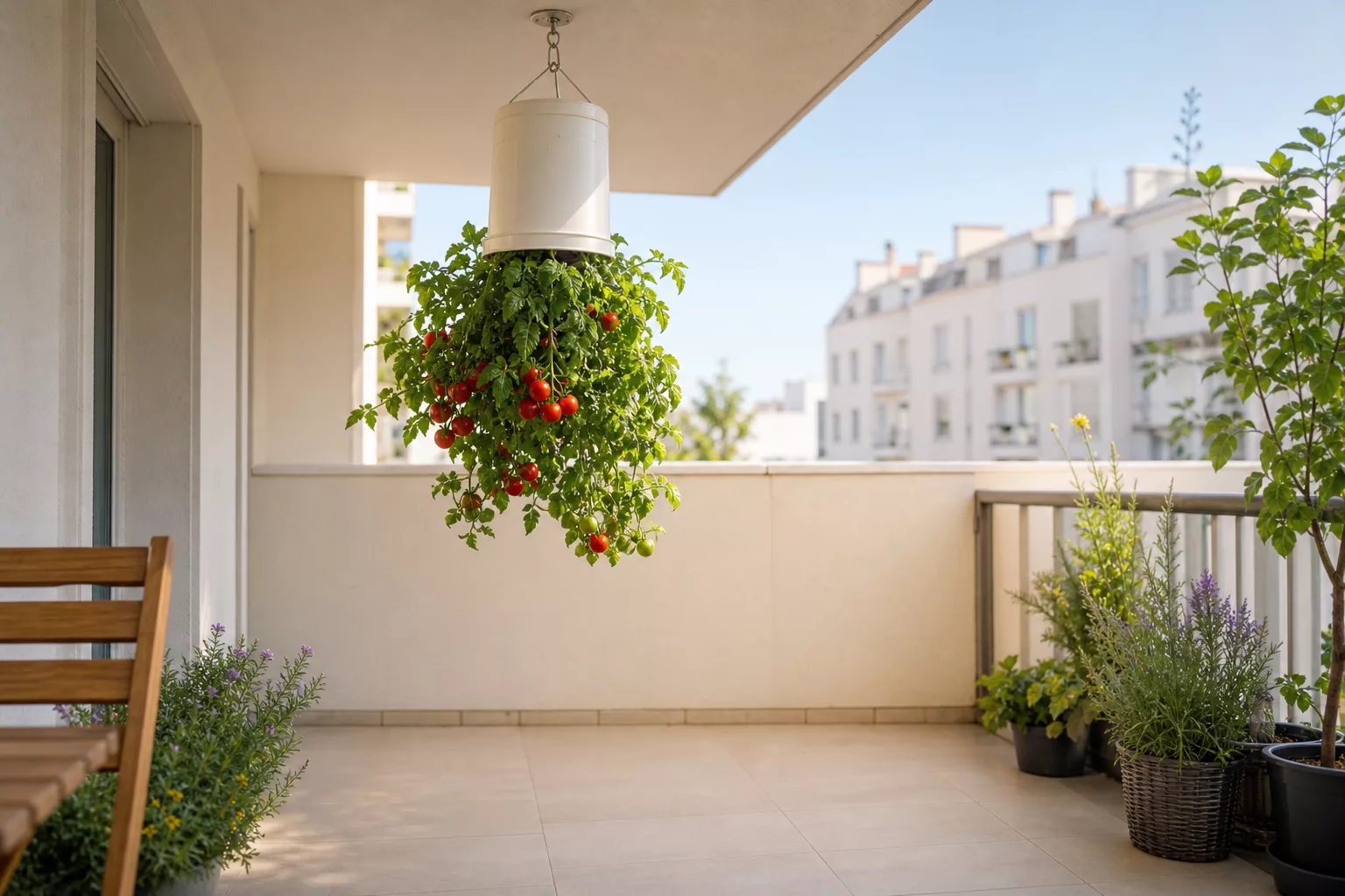 Hängender Tomaten-Eimer auf kleinem Balkon ohne Bodenfläche