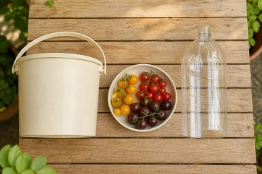 Pflanzeimer, Plastikflasche und drei Tomatensorten im Vergleich