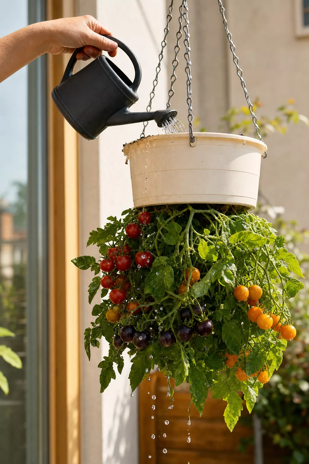 Hand gießt hängenden Tomaten-Eimer, Wasser tropft auf Blätter