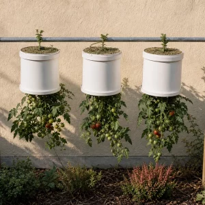 Tomaten im Eimer kopfüber anbauen im sonnigen Garten