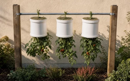 Tomaten im Eimer kopfüber anbauen im sonnigen Garten