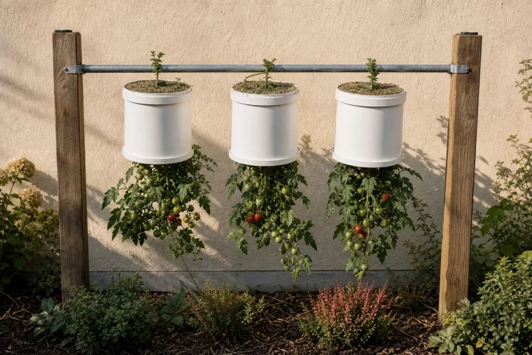 Tomaten im Eimer kopfüber anbauen im sonnigen Garten