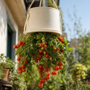 Tomaten kopfüber anbauen in einem prall gefüllten, hängenden Eimer