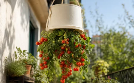 Tomaten kopfüber anbauen in einem prall gefüllten, hängenden Eimer