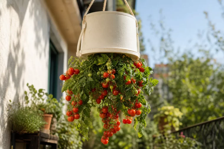 Tomaten kopfüber anbauen in einem prall gefüllten, hängenden Eimer
