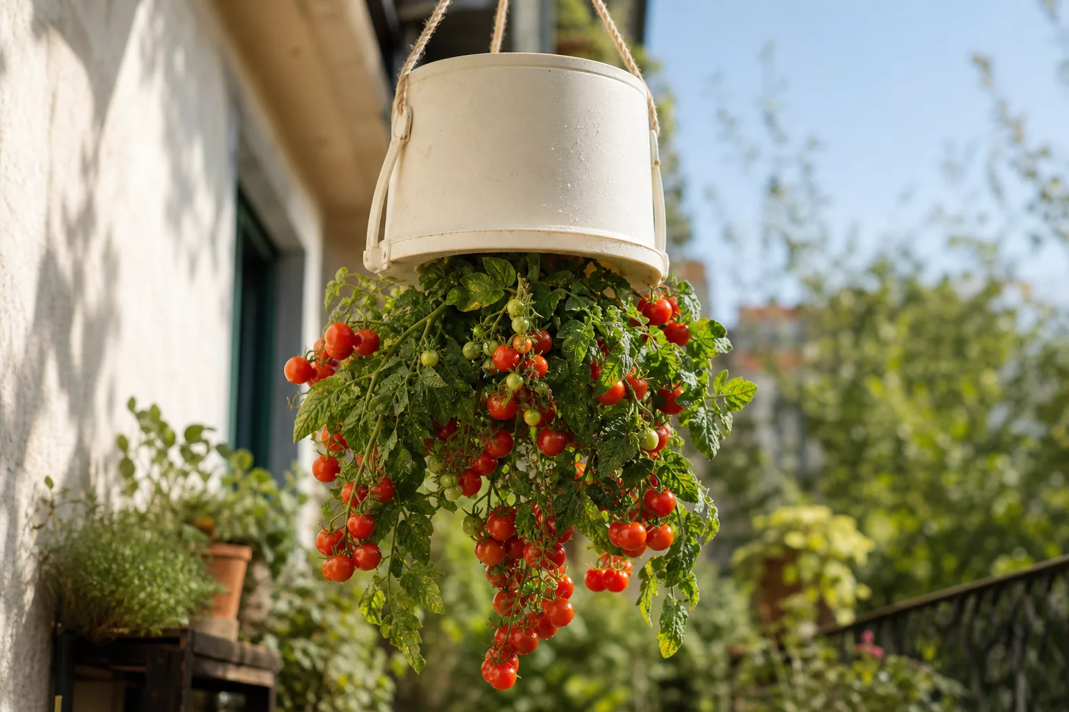 Tomaten kopfüber anbauen in einem prall gefüllten, hängenden Eimer
