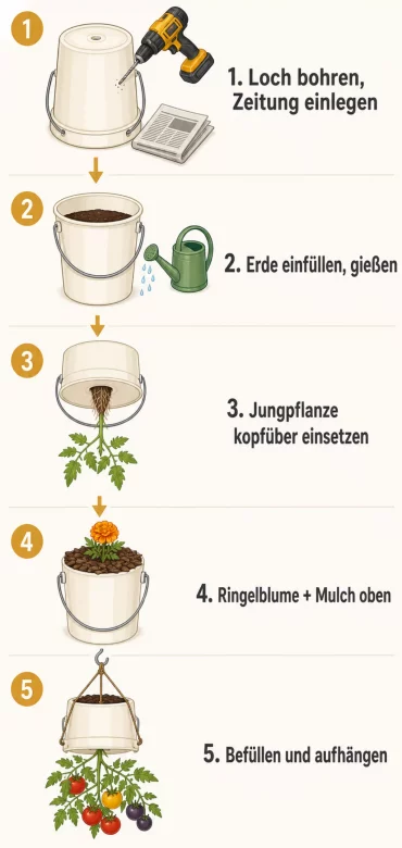 Tomaten kopfüber anbauen in fünf Schritten, Grafik
