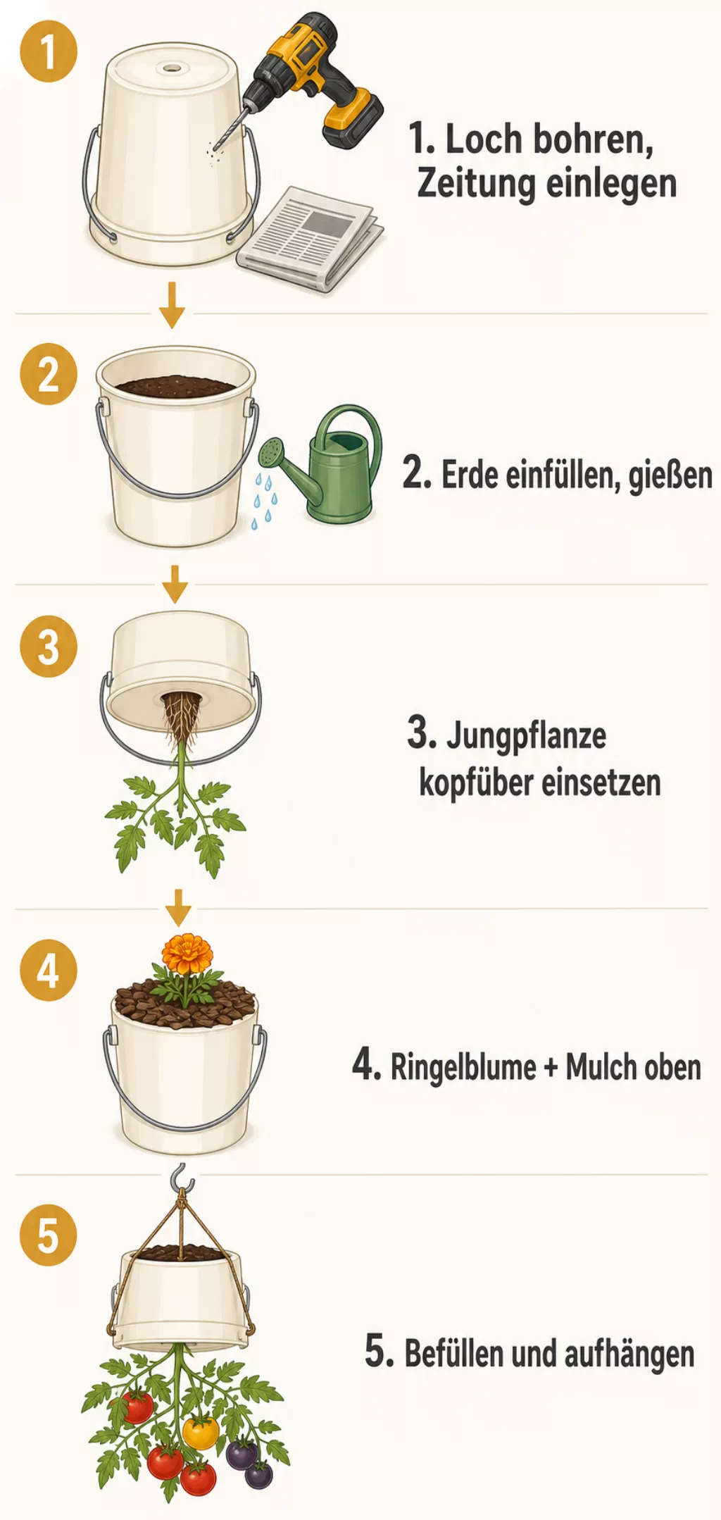 Tomaten kopfüber anbauen in fünf Schritten, Grafik