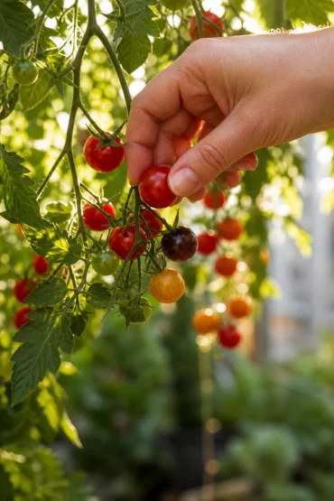 Hand pflückt reife Kirschtomaten von der hängenden Pflanze