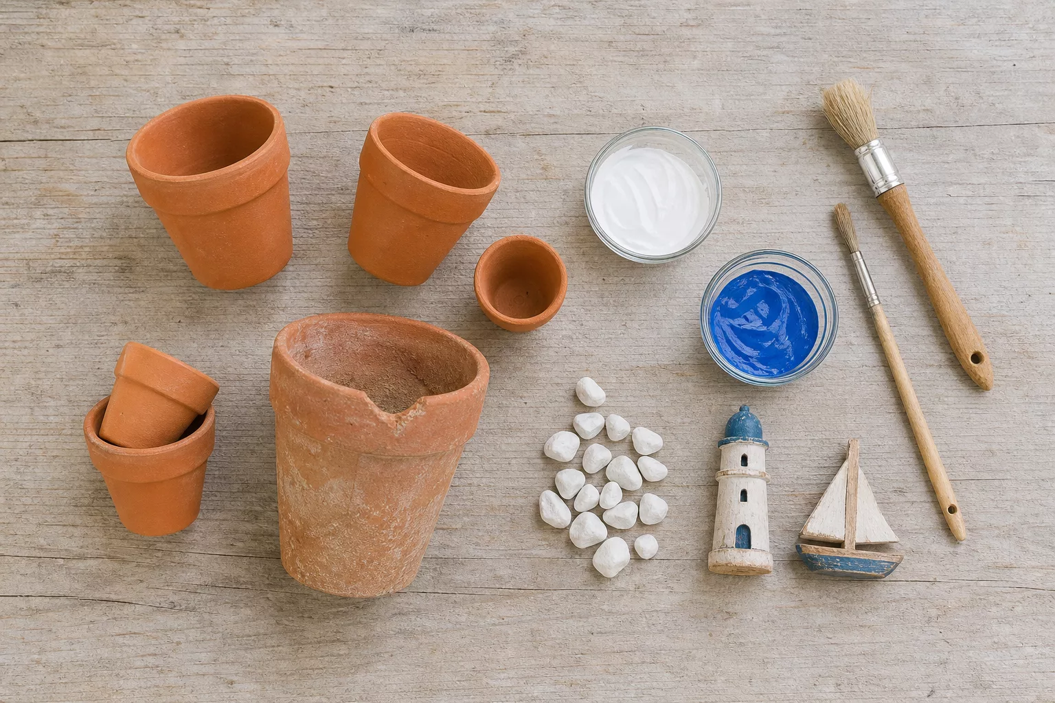 Terrakotta-Töpfe, blaue Farbe und Pinsel für DIY-Deko