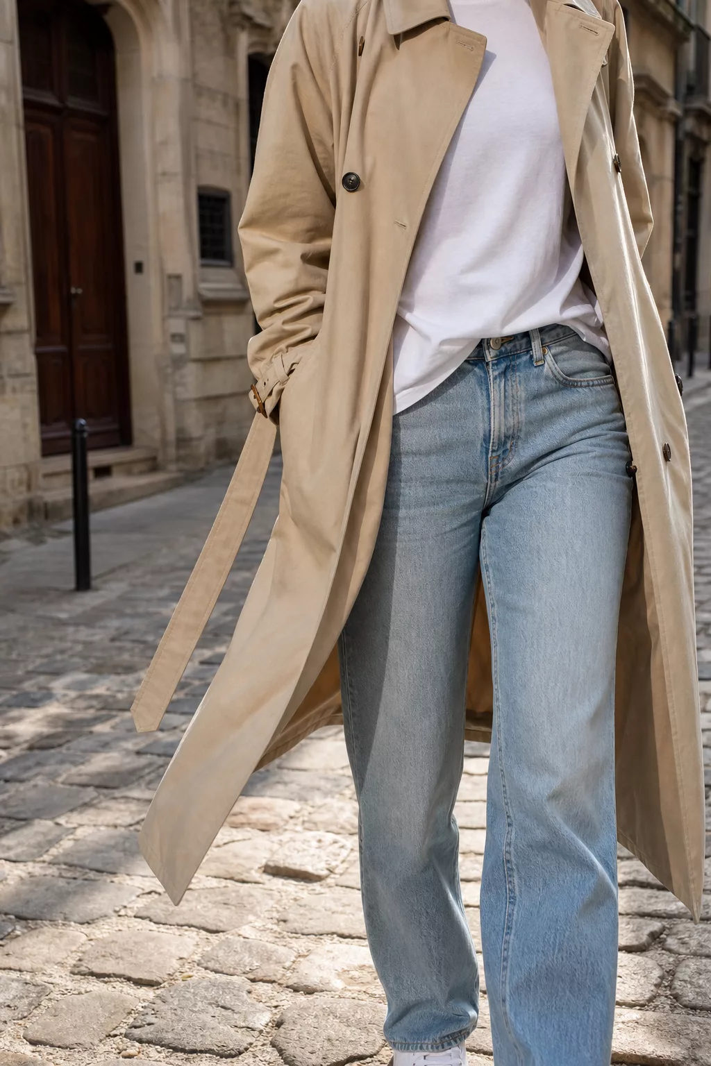 Beiger Trenchcoat als Frühlingstrend 2026 kombiniert mit Jeans