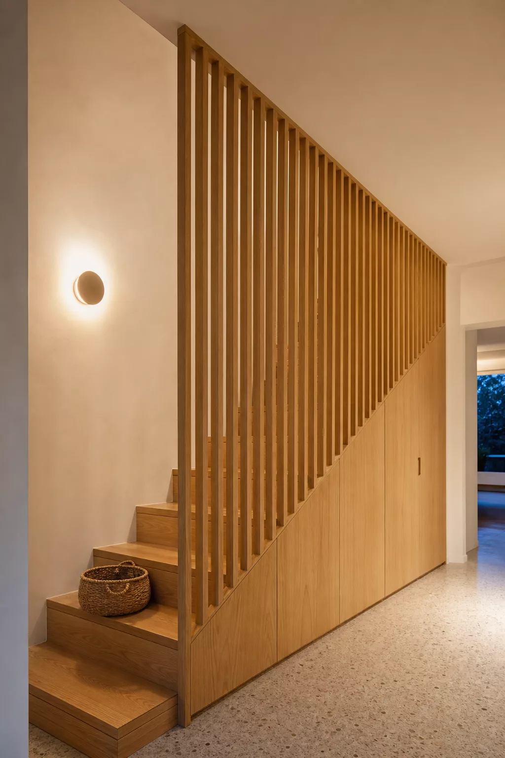 Holzlamellen-Geländer an moderner Treppe mit Stauraum