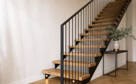 Absturzsicherung Treppe mit modernem Metallgeländer und Holzstufen