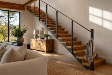 Modernes Seilgeländer als leichte Absturzsicherung an der Treppe