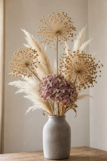 Trockenstrauß aus Allium, Pampasgras und Hortensie in Vase