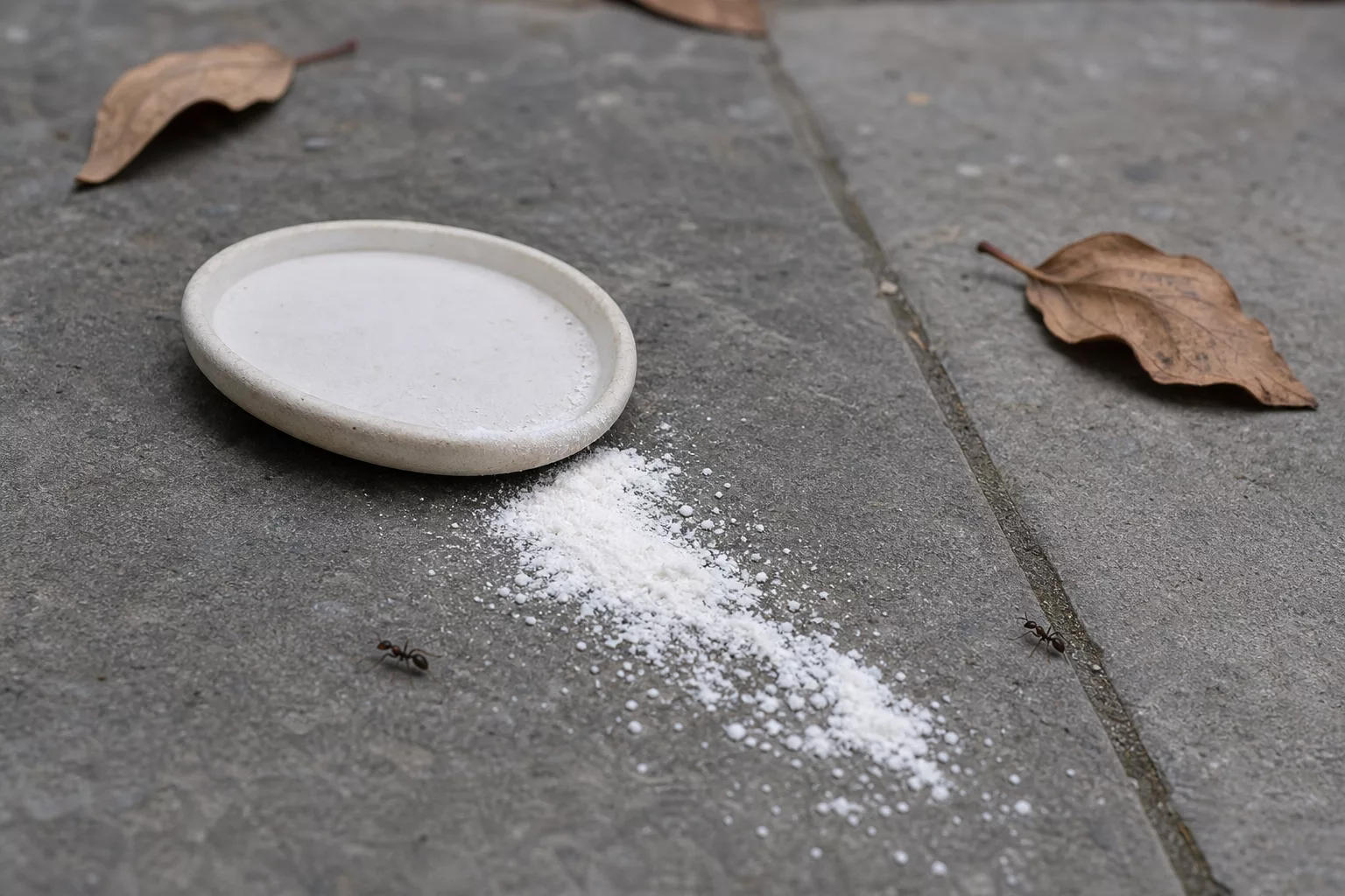 Umgekippte flache Ameisenfalle mit verschüttetem Pulver auf einer Terrasse als Beispiel für einen Fehler