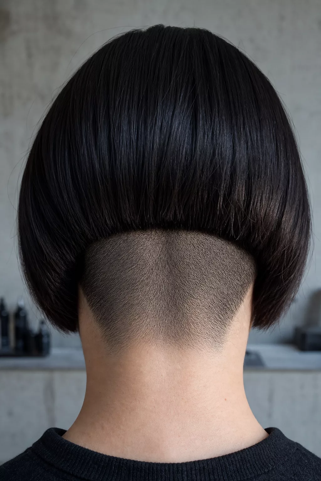 Undercut Bob mit rasiertem Nacken, Rückenansicht.