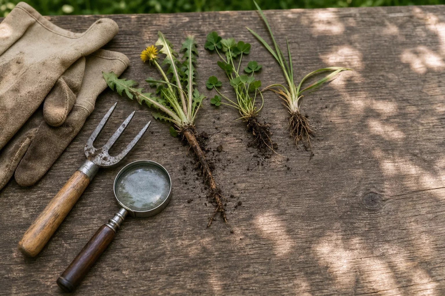Werkzeuge und Unkrautproben zum Bestimmen auf Holztisch