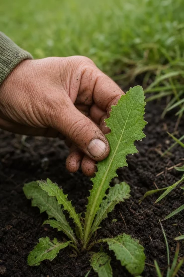 Gärtnerhand untersucht Blattform eines Unkrauts im Beet