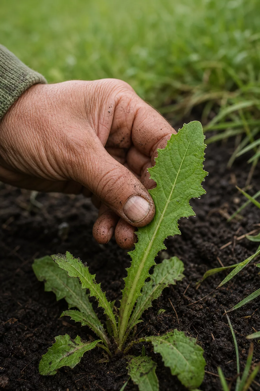 Gärtnerhand untersucht Blattform eines Unkrauts im Beet